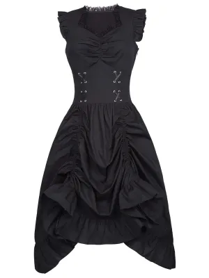 1930s Solid Ruffles Square Neck Steampunk Dress