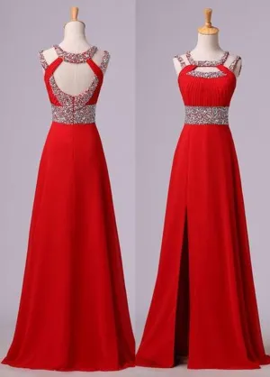 2025 Gorgeous Red Beading Open Back Chiffon Prom Dresses