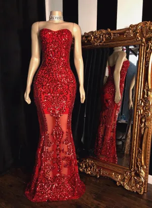 2025 Red Sheath Sweetheart Strapless Floor Length Tulle Lace Prom Dresses