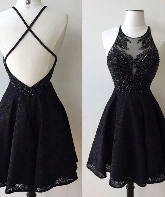 A-Line Jewel Backless Short Black Lace Homecoming Dress 2025 with Beading