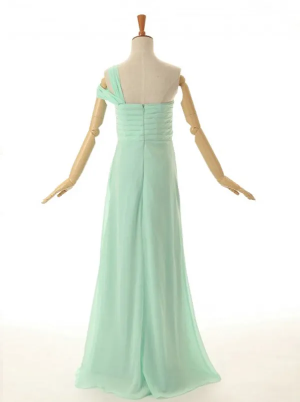 A-Line One Shoulder Floor Length Mint Green Bridesmaid Dress