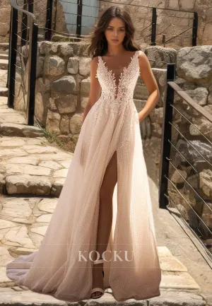 A-Line Spaghetti Straps V-Neck Sleeveless Slit Train Tulle Wedding Dress with Appliques Bridal Gowns