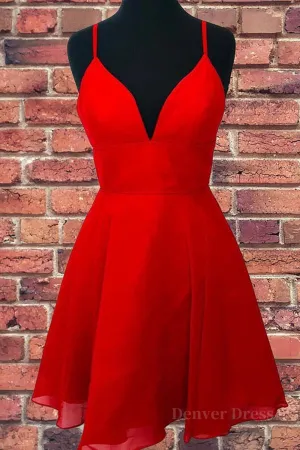 A Line V Neck Open Back Red Short Prom Dress Backless Red Homecoming Dress