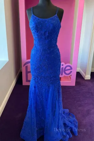 Backless Mermaid Blue Lace Tulle Long Prom Dress Mermaid Blue Formal Dress Blue Lace Evening Dress