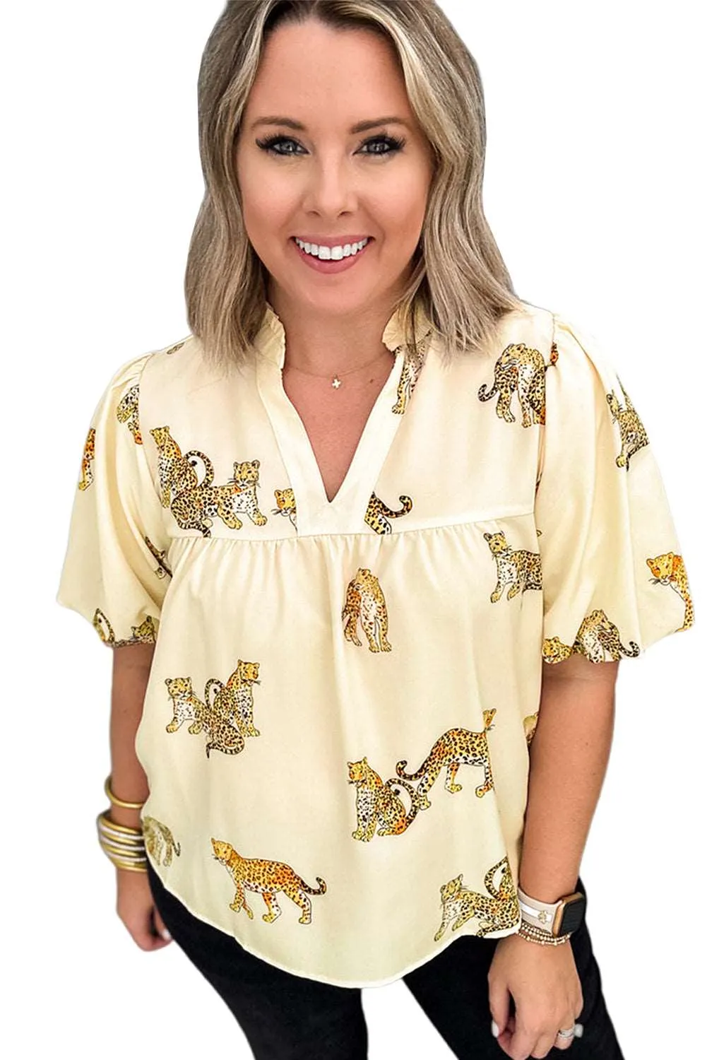 Beige Plus Size Cheetah Print Short Puff Sleeve Blouse