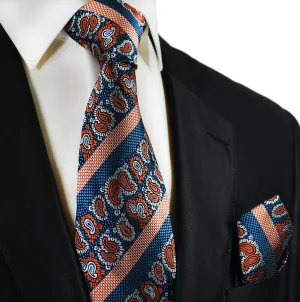 Blue and Orange Silk Tie and Pocket Square