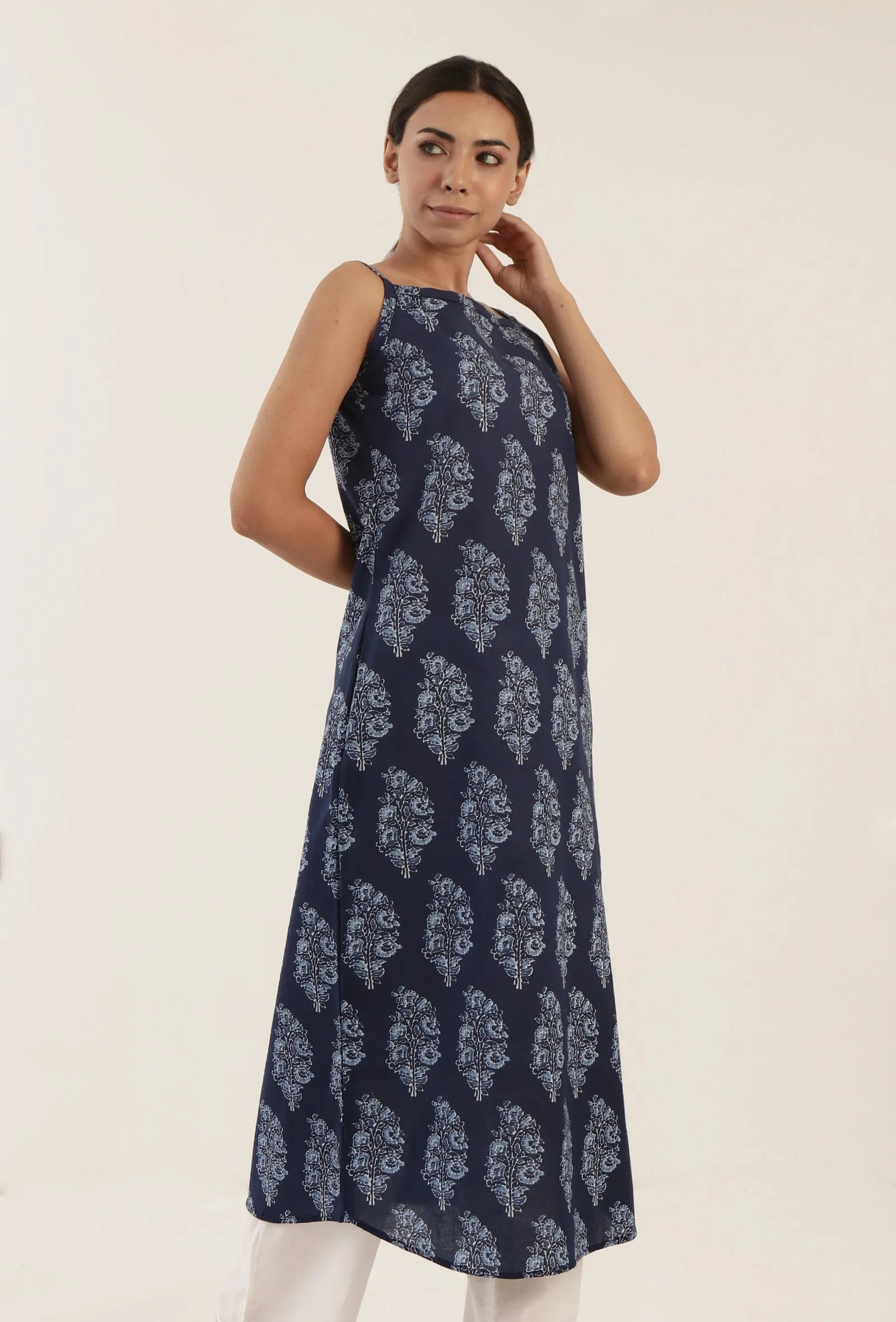 Blue Color Cotton Slip With White Motif