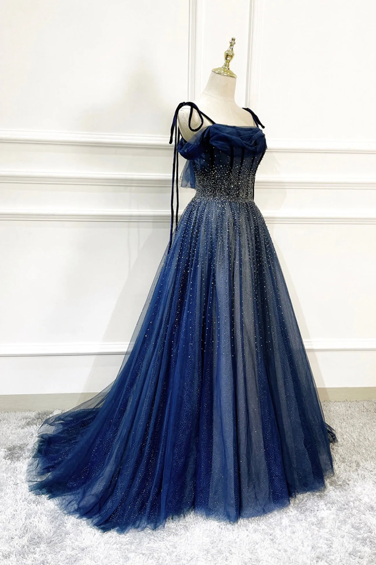 Blue Long Tulle Beaded Prom Dress Blue Evening Party Dress