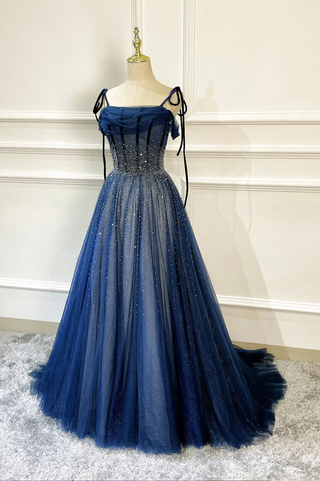 Blue Long Tulle Beaded Prom Dress Blue Evening Party Dress