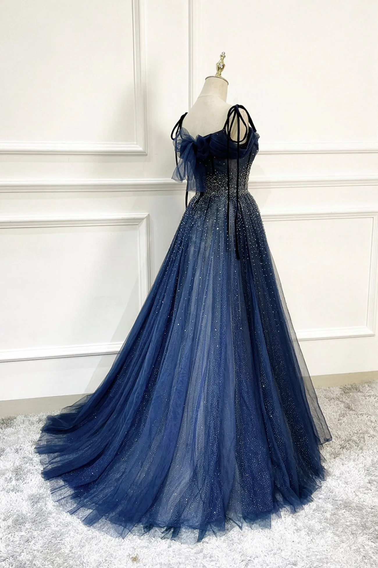 Blue Long Tulle Beaded Prom Dress Blue Evening Party Dress