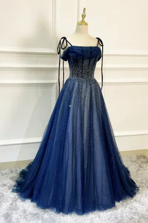 Blue Long Tulle Beaded Prom Dress Blue Evening Party Dress