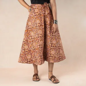 Brown - Kalamkari Block Printed Cotton Wrap Around Skirt