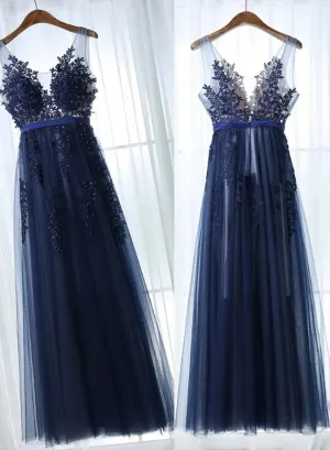 Charming Blue Lace Applique Prom Dress, A-line Blue Bridesmaid Dress