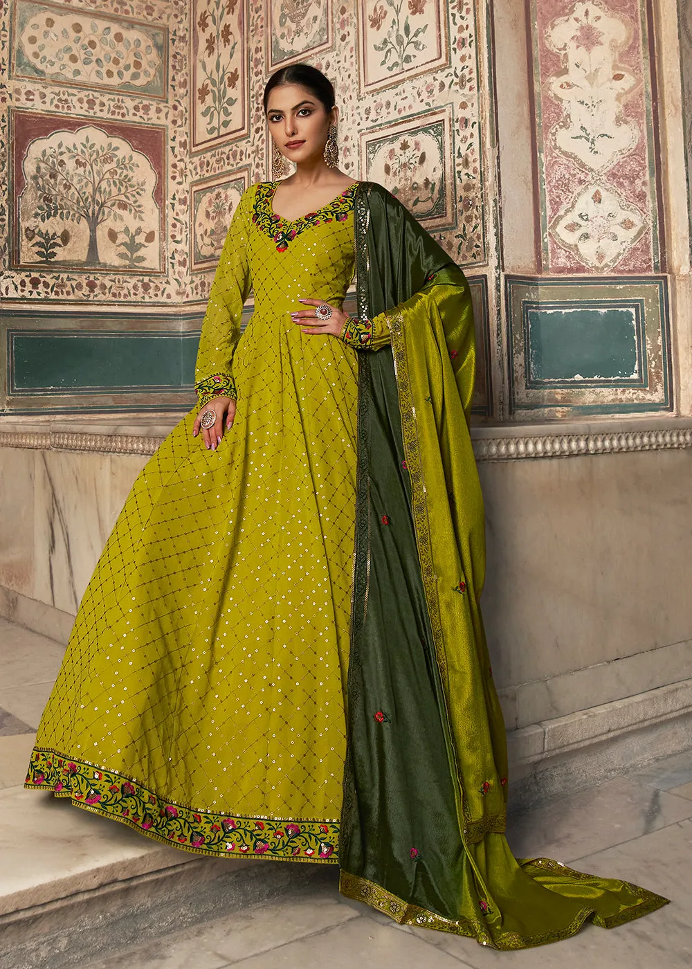 Cherishing Lime Green Sequins Georgette Party Wear Festive Gown