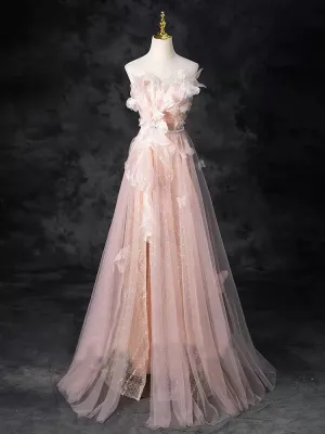 Chic Pink Off-the-shoulder Tulle Long Prom Dress Elegant Evening Gowns TKL2500