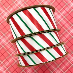 Christmas Stripes Ribbon in Red and Green on 5/8", 7/8" and 1.5" White Single Face Satin ribbon