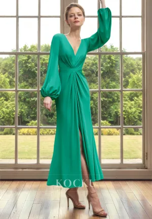 Classic & Timeless V-Neck A-Line Long sleeves Split Cocktail Mother of the Bride Dress