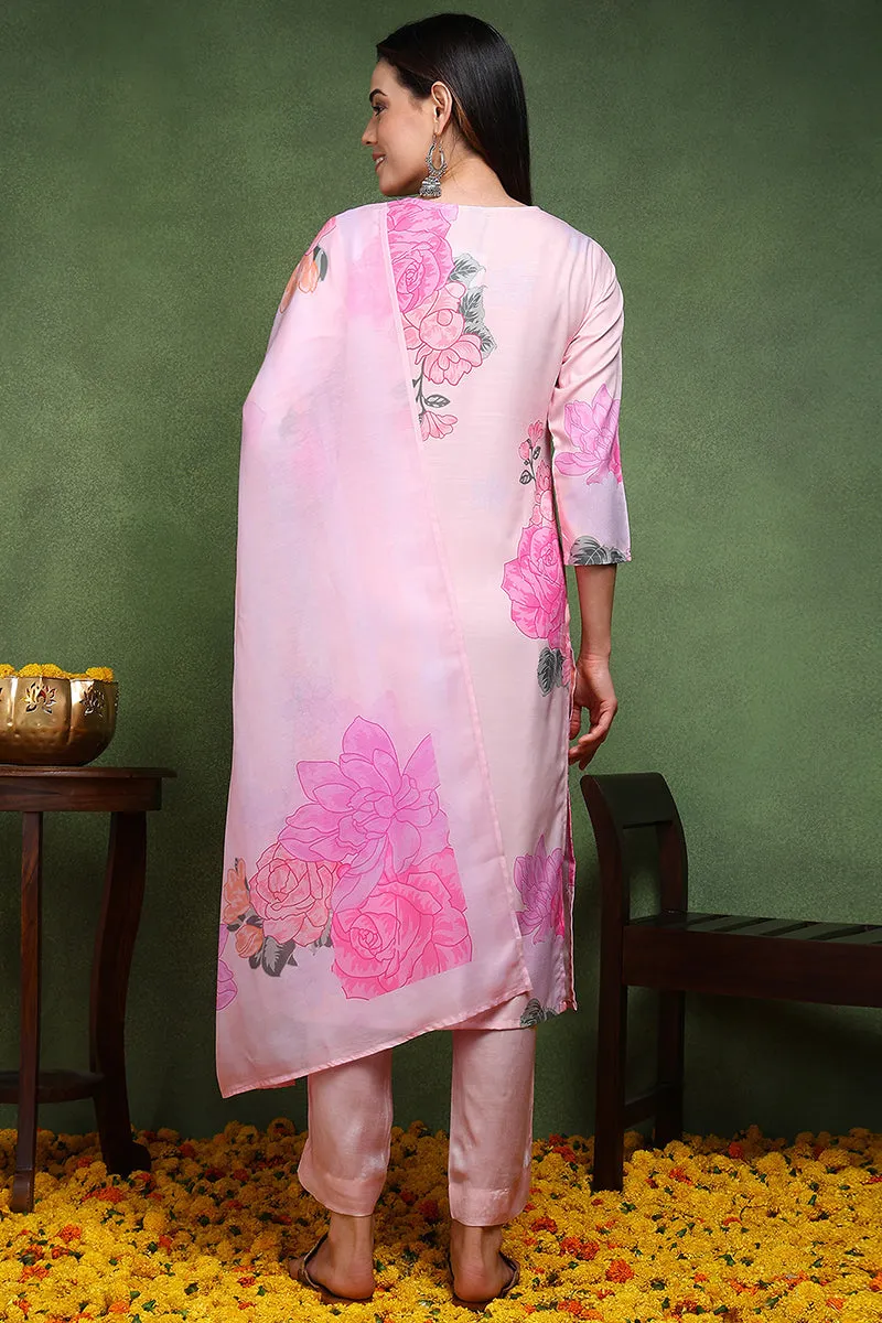 Cream Cotton Blend Floral Printed Straight Suit Set