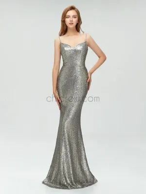 Custom Spaghetti Straps Silver Sparkly Sequin Elegant Mermaid Long Prom Dresses, Party Dress LMX1111