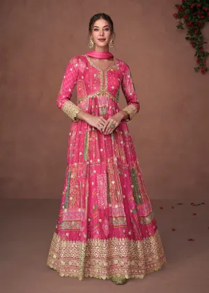 Digital Printed Fuchsia Pink Organza Silk Designer Anarkali Gown