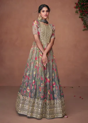 Digital Printed Ombre Grey Organza Silk Designer Anarkali Gown