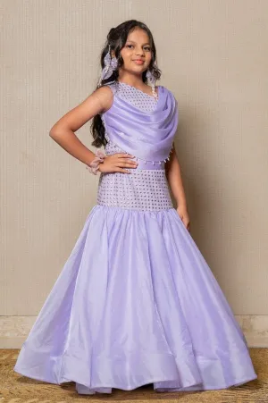 Elegant Lavender mermaid gown with sparkling embellishments and a draped neckline, perfect for a sophisticated look at any special event.