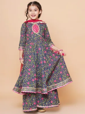 Girls Blue Floral Printed Angrakha Gotta Patti Kurta Sharara set With Dupatta