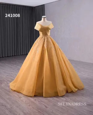 Gold Beaded Wedding Dress Off the Shoulder Ball Gown Quinceanera Dress 241008