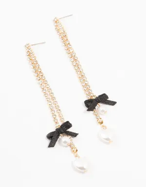 Gold Cup Chain Heart Black Bow Drop Earrings