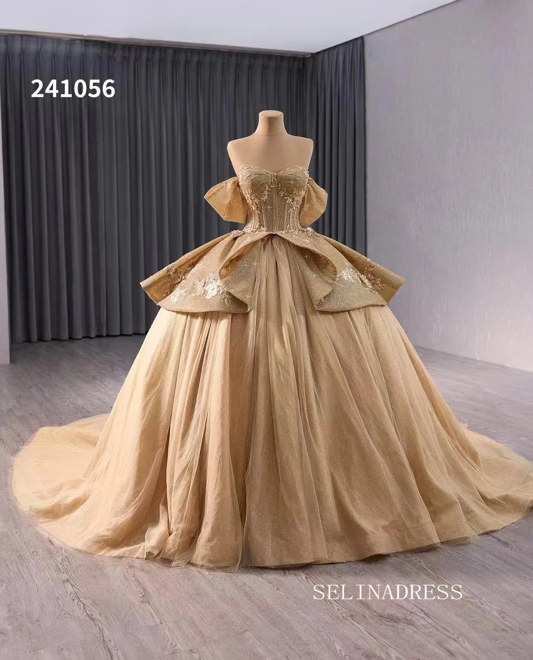 Gold Sparkly Tulle Wedding Dresses Off the Shoulder Overskirt Quinceanera Dress 241056