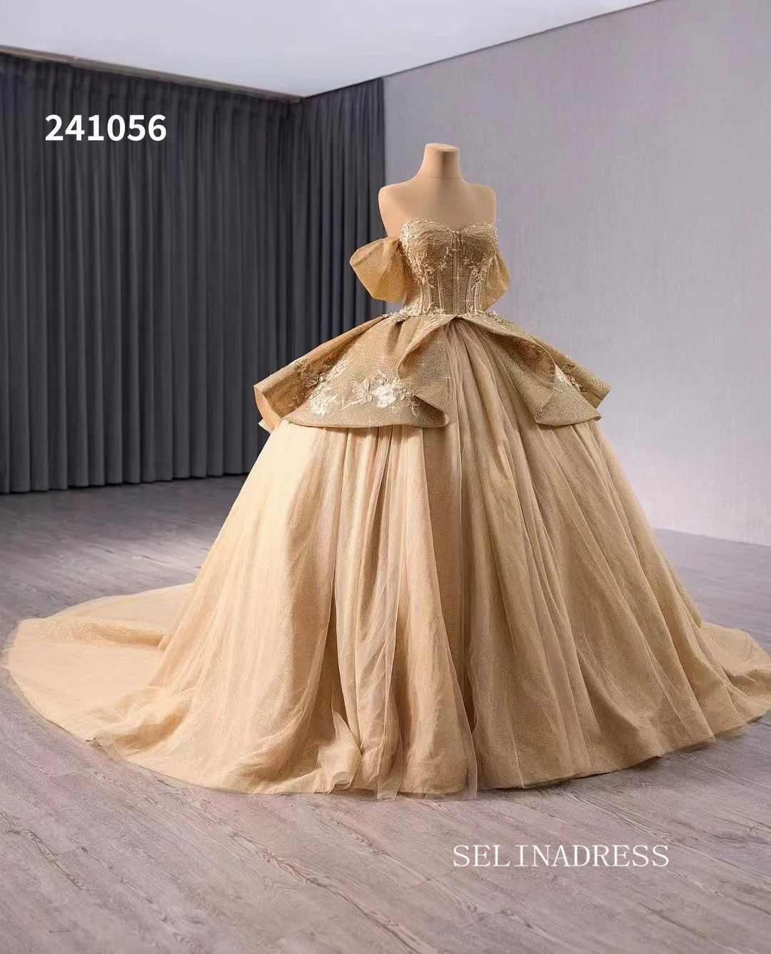 Gold Sparkly Tulle Wedding Dresses Off the Shoulder Overskirt Quinceanera Dress 241056