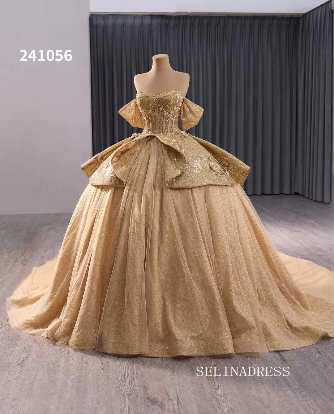 Gold Sparkly Tulle Wedding Dresses Off the Shoulder Overskirt Quinceanera Dress 241056