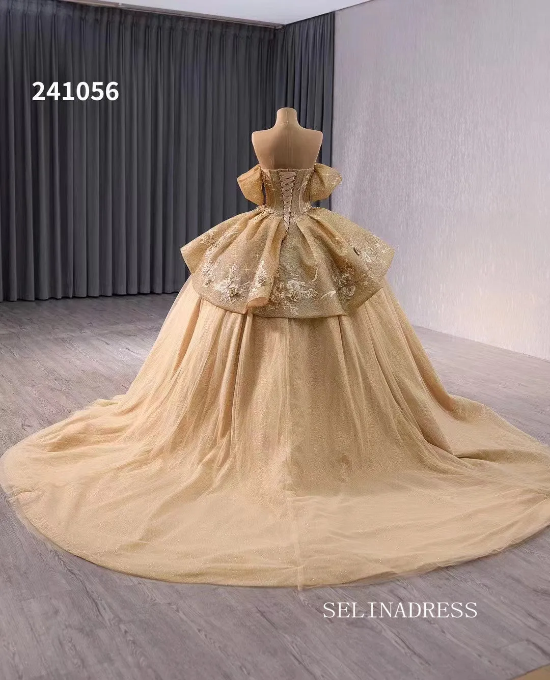 Gold Sparkly Tulle Wedding Dresses Off the Shoulder Overskirt Quinceanera Dress 241056