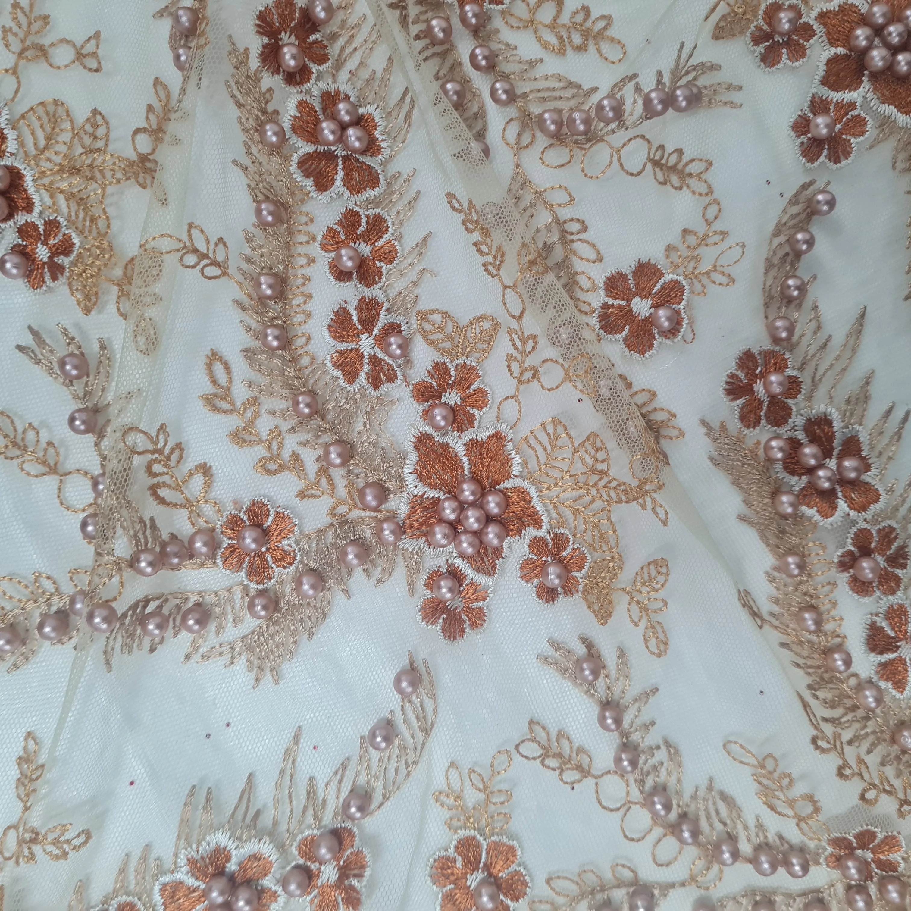 Golden floral embroidery with pearl net lycra sequence net lycra sequence