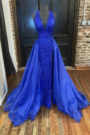 Gorgeous V Neck Mermaid Blue Sequins Long Prom Dress Mermaid Blue Formal Dress Blue Evening Dress