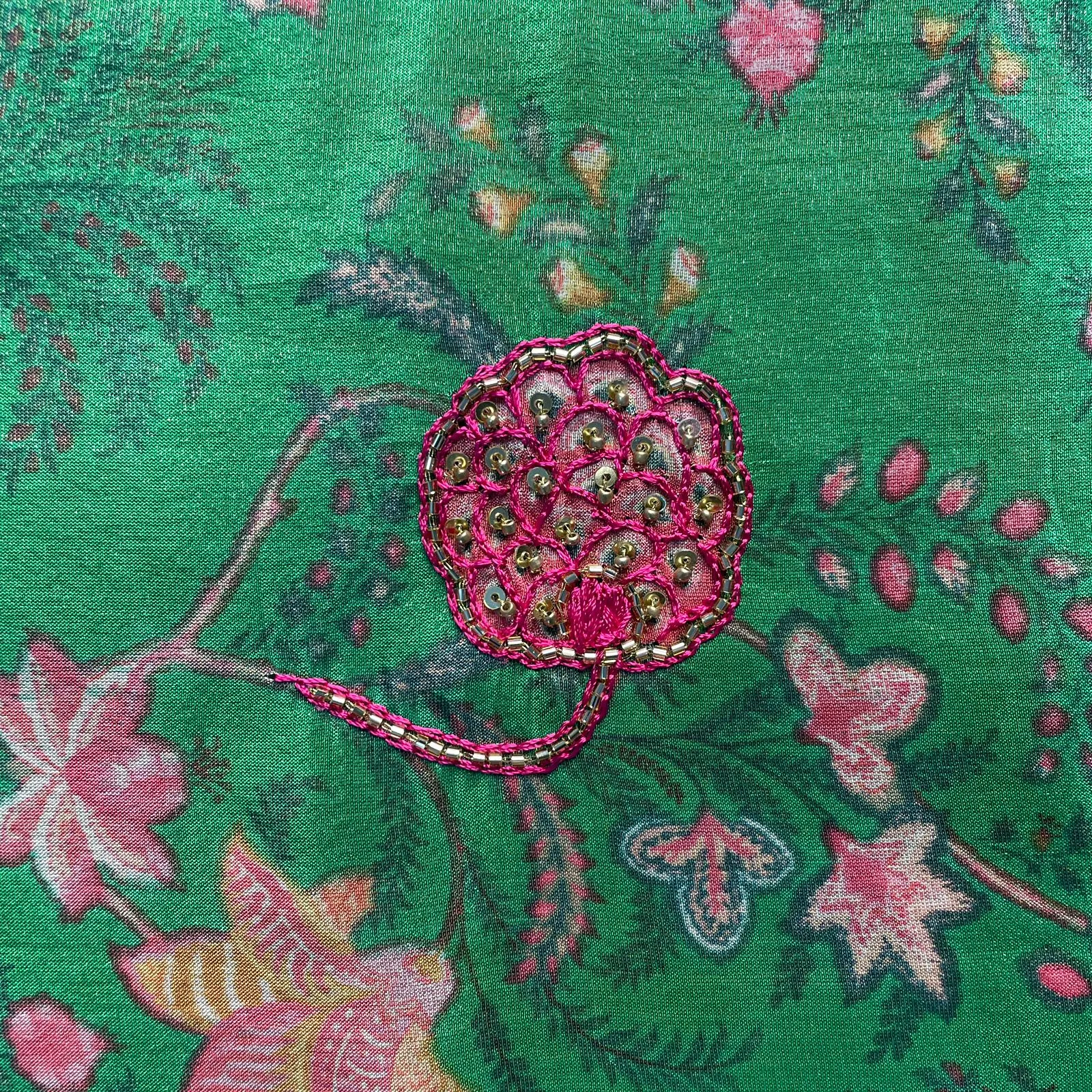 Green Floral Cutdana Embroidery Tissue Fabric 17988