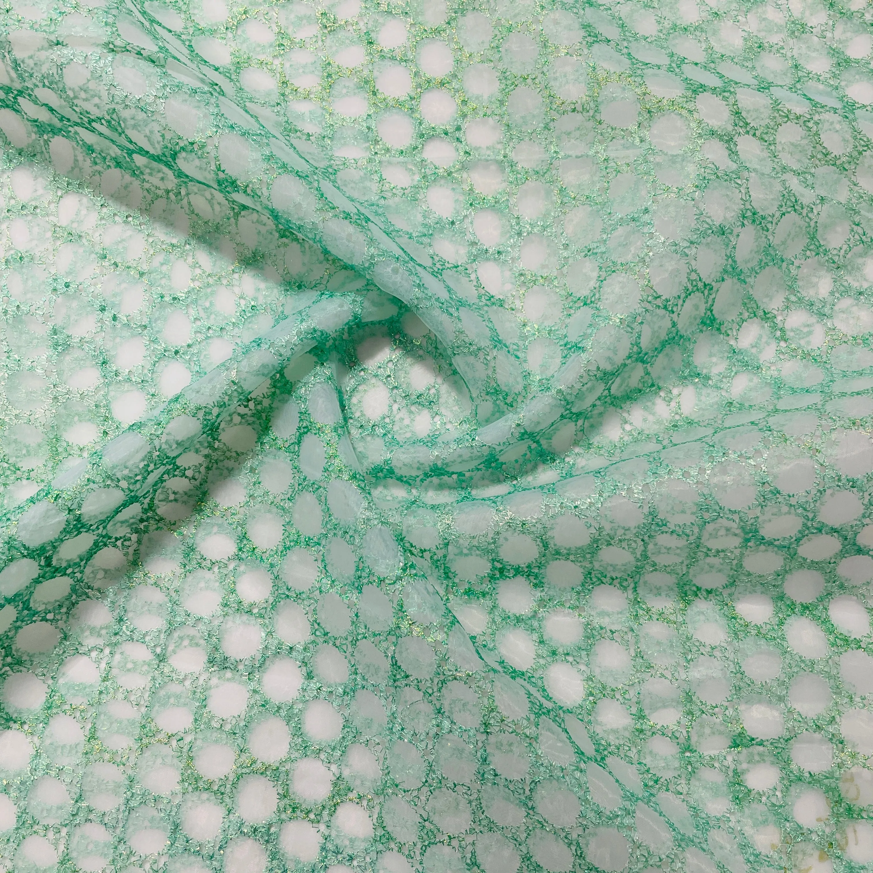 Green Geometerical Sequins Embroidery Organza Fabric