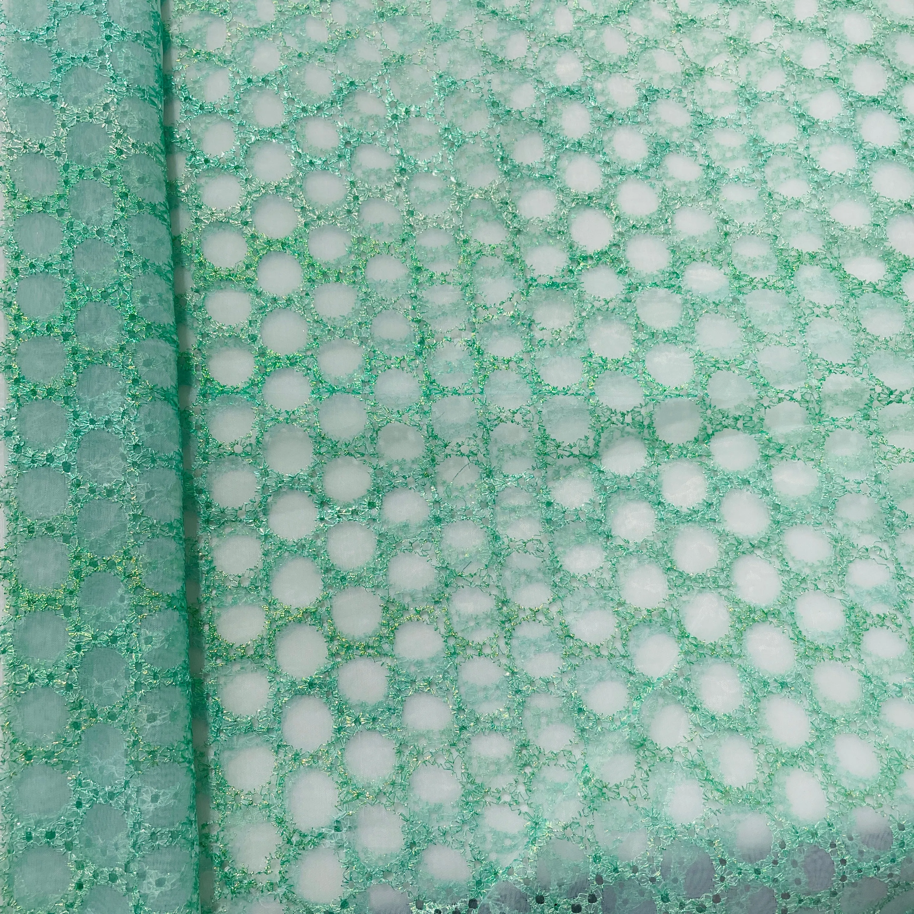 Green Geometerical Sequins Embroidery Organza Fabric