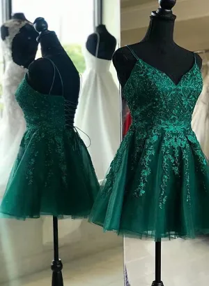 Green V-neckline Lace and Tulle Short Prom Dress Green Homecoming Dresses