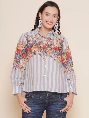 Grey Floral Printed Shirt Style Top