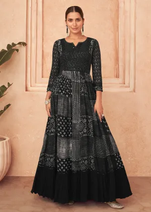 Inventive Black Georgette Embroidered Wedding Wear Gown