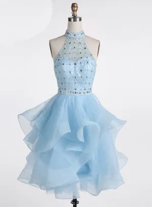 Light Blue Beaded Layers Knee Length Party Dress Blue Homecoming Dress Short Prom Dress