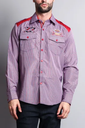 Long Sleeve Checkered Embroidered 22 Button Up Shirt