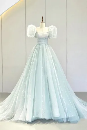 Lovely Puff Sleeve Tulle Formal Evening Gown A-Line Long Prom Dress