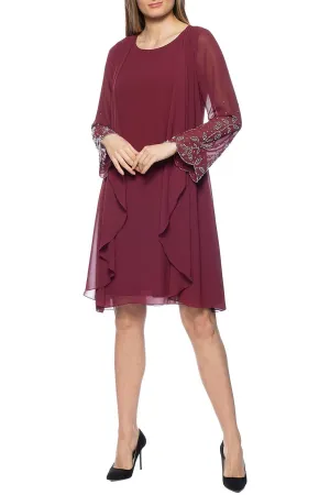 Marina Scoop Neck Embellished Sleeve Keyhole Back Solid Chiffon Jacket Dress