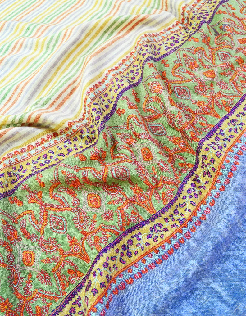 multicoloured striped blue embroidery pashmina shawl 8465