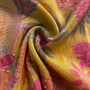 Mustard Floral Cutdana Embroidery Tissue Fabric 17986