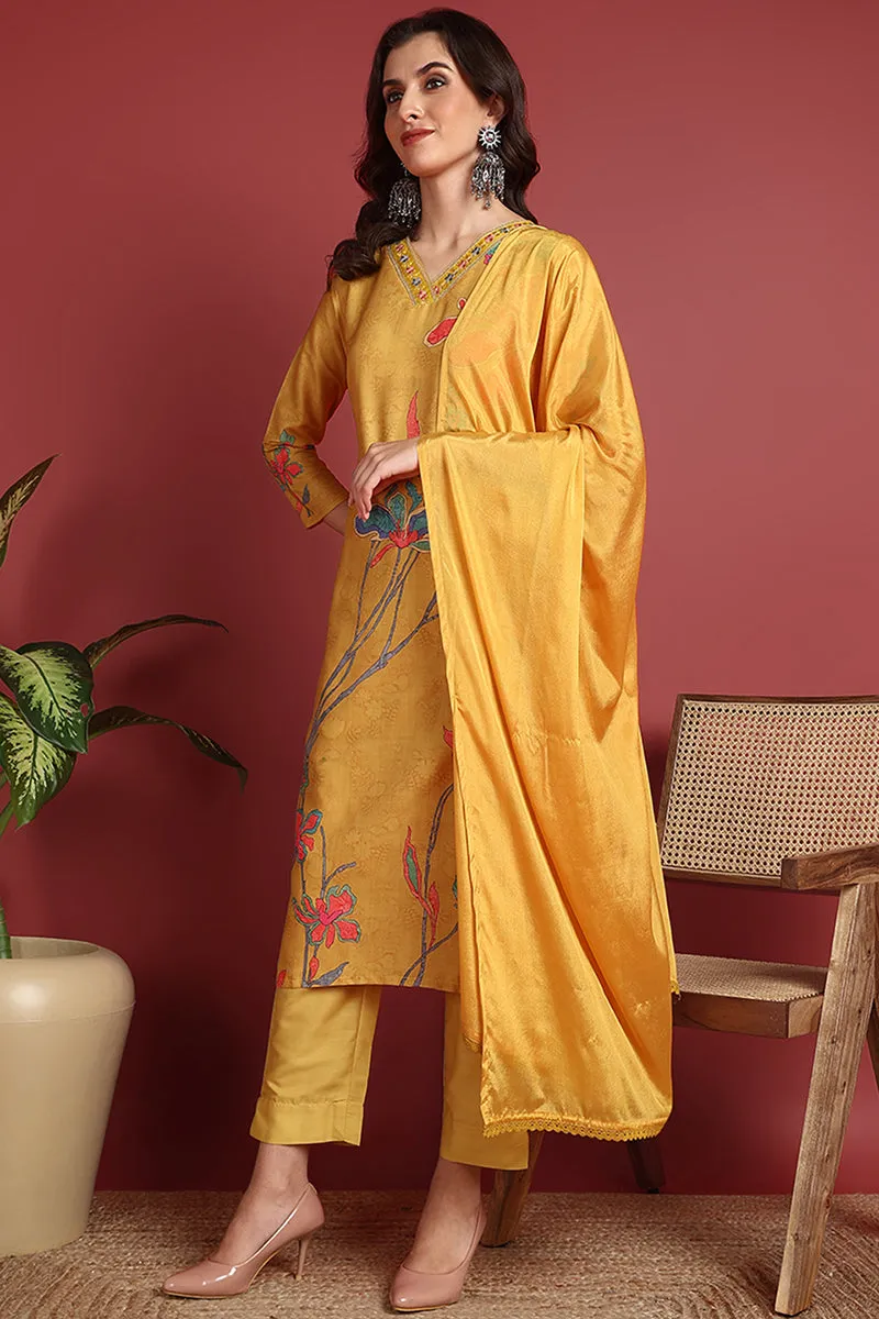 Mustard Silk Blend Floral Printed Straight Suit Set