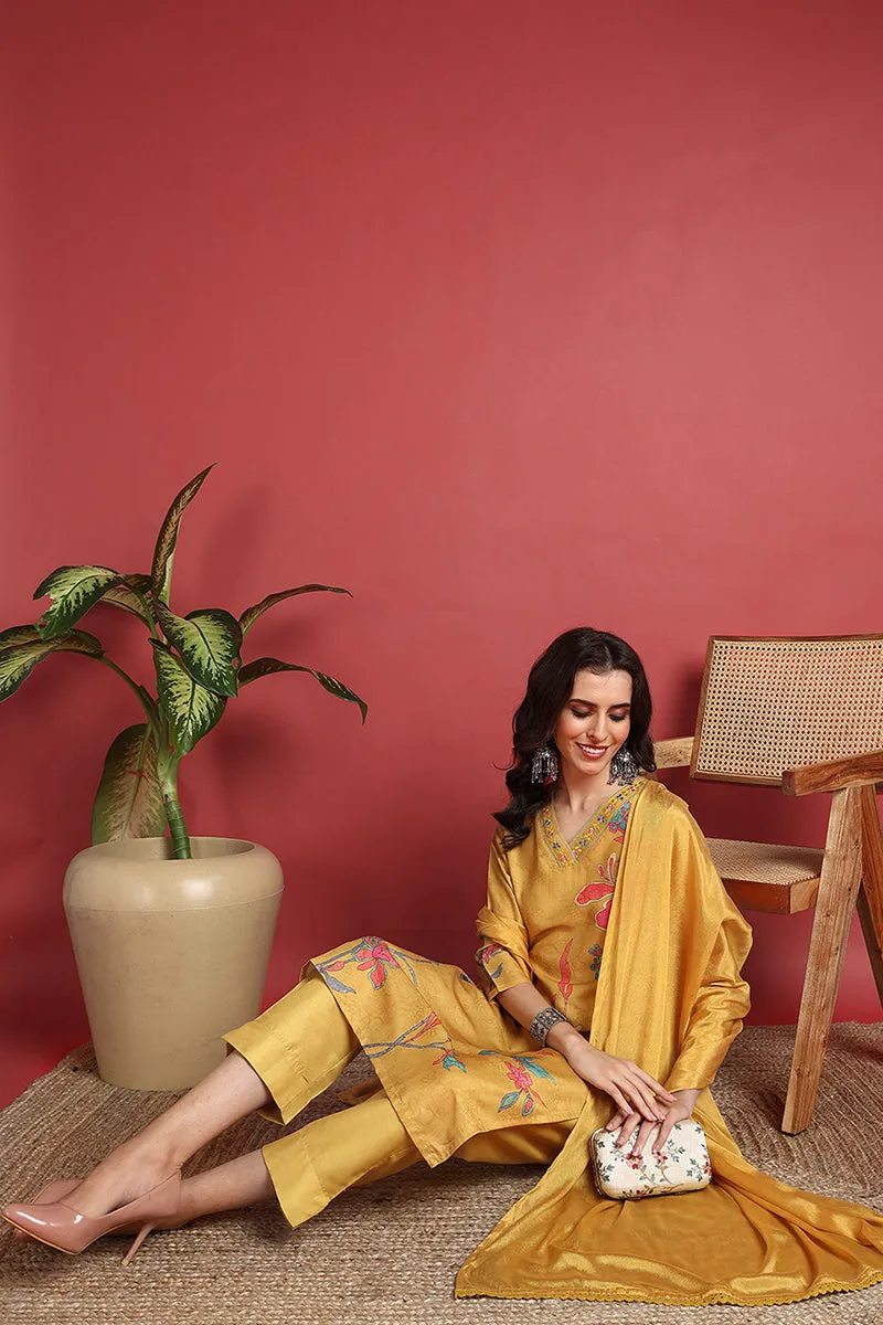 Mustard Silk Blend Floral Printed Straight Suit Set