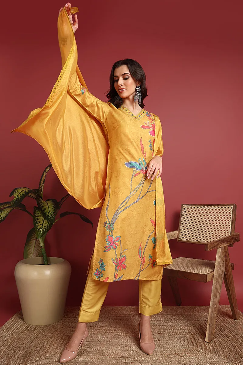 Mustard Silk Blend Floral Printed Straight Suit Set